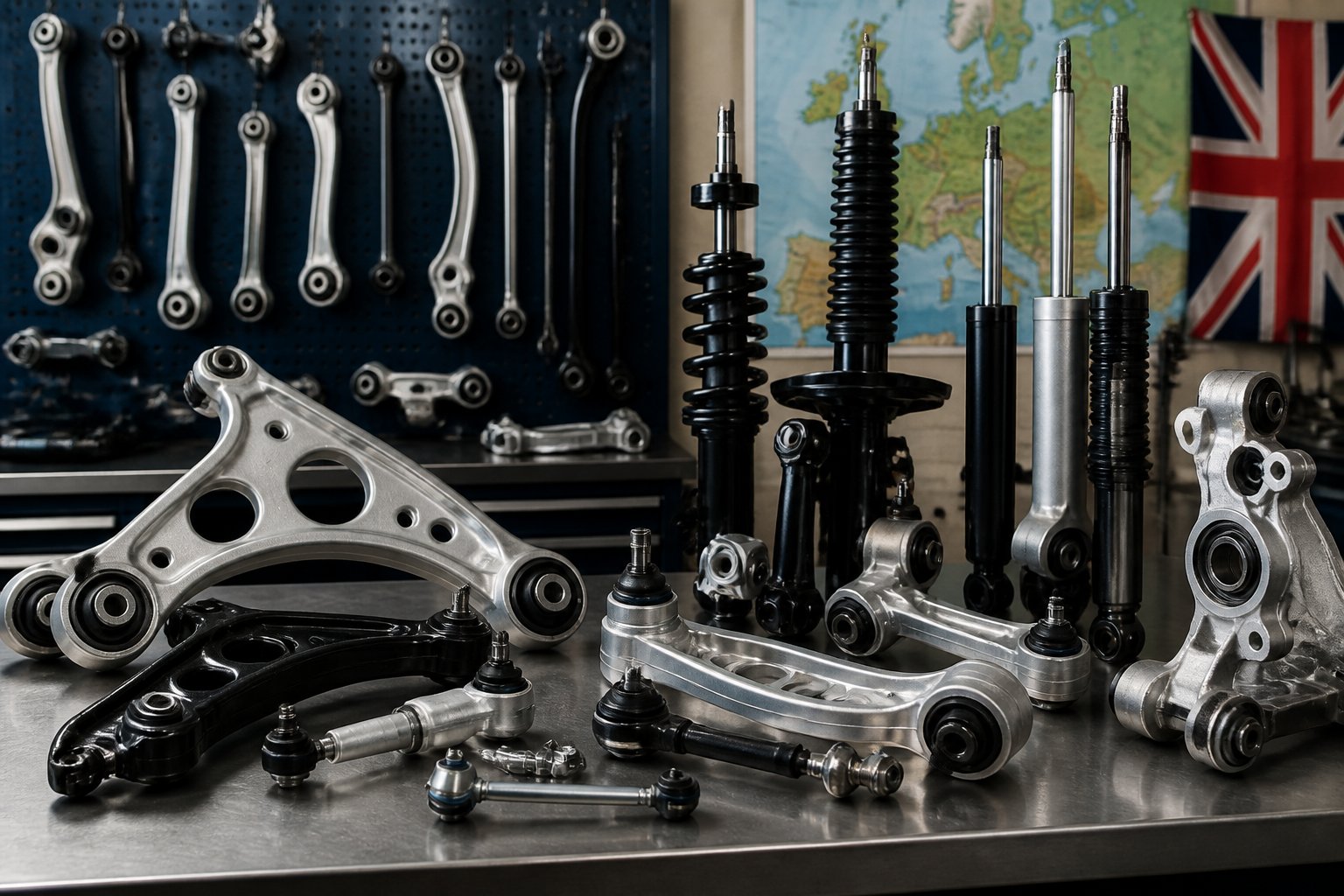 Automotive workshop with various car suspension parts and control arms neatly arranged on a workbench and tool rack.