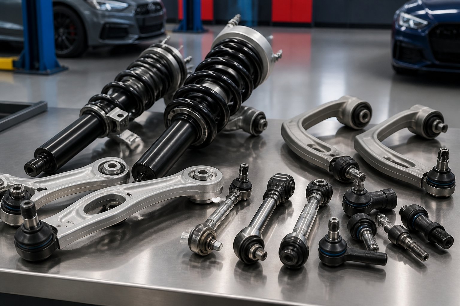 Close-up of automotive suspension parts including shock absorbers and control arms arranged on a workbench in a workshop.