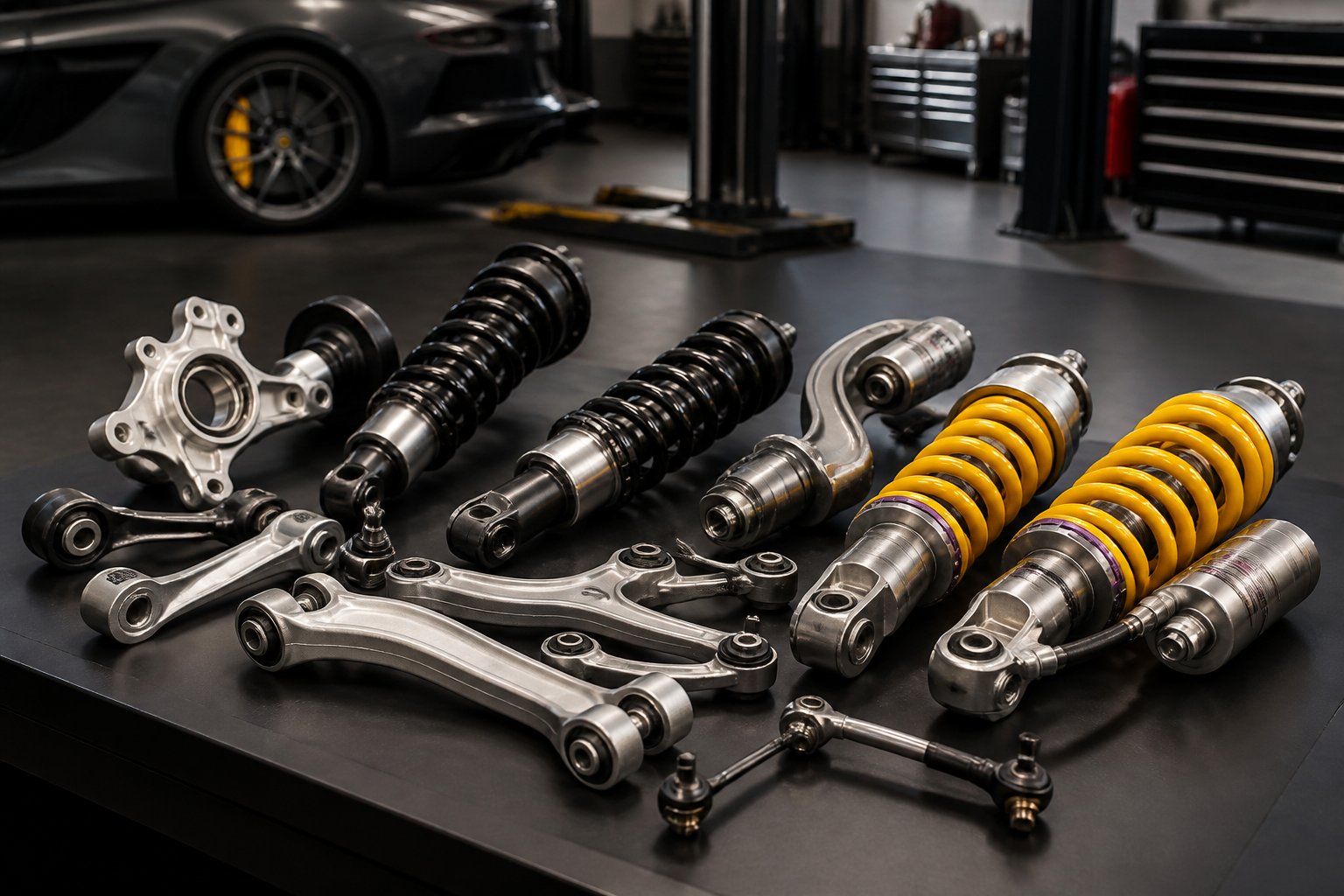 Close-up of luxury car suspension parts including control arms and shock absorbers on a workbench in a professional automotive workshop.