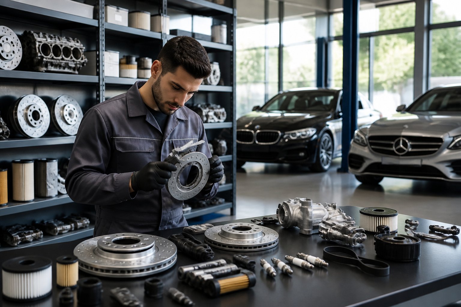 Een moderne autowerkplaats met een monteur die BMW auto-onderdelen inspecteert, met BMW- en Mercedes-Benz voertuigen op de achtergrond.