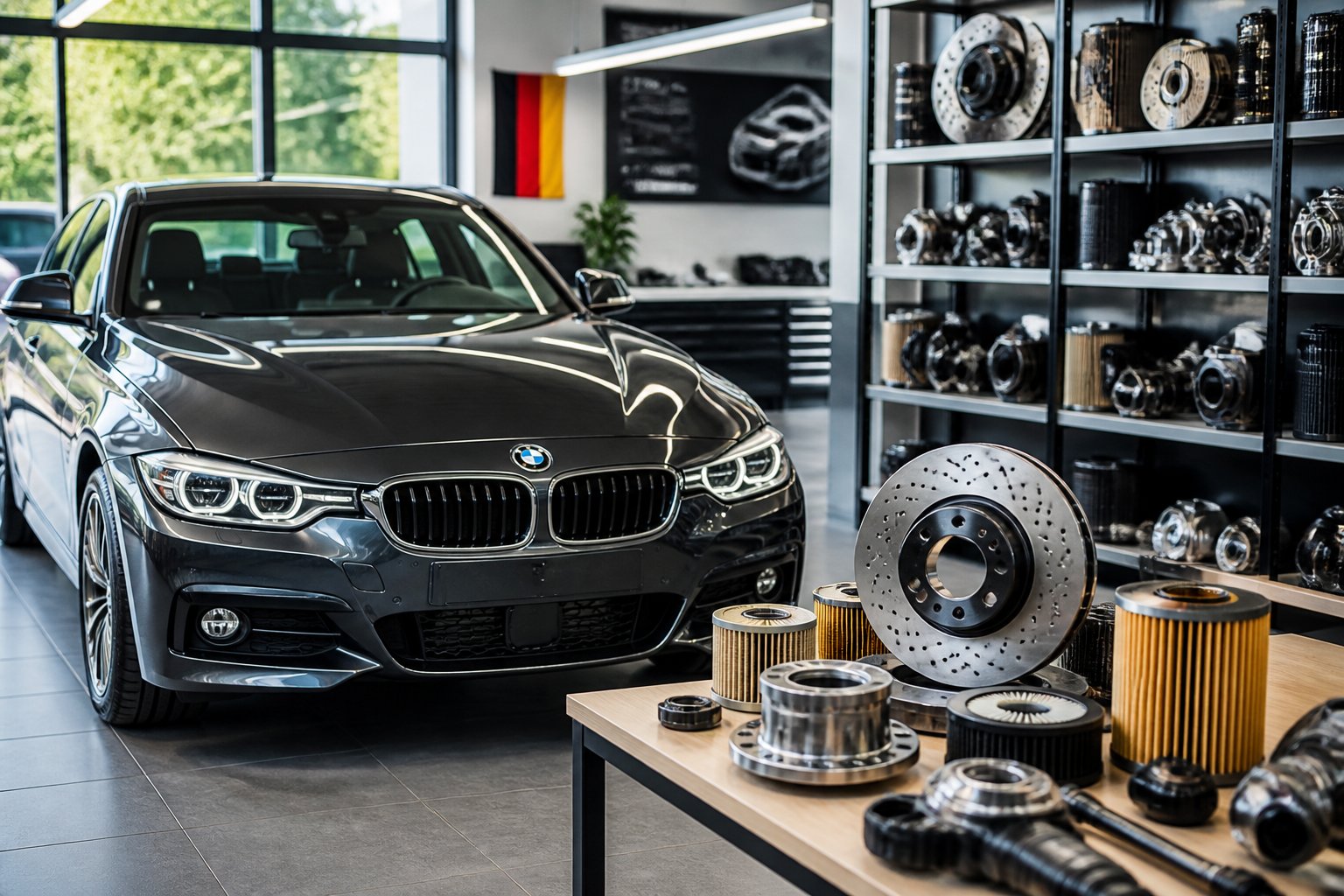 Een BMW-auto in een moderne werkplaats met overzichtelijke schappen vol auto-onderdelen.