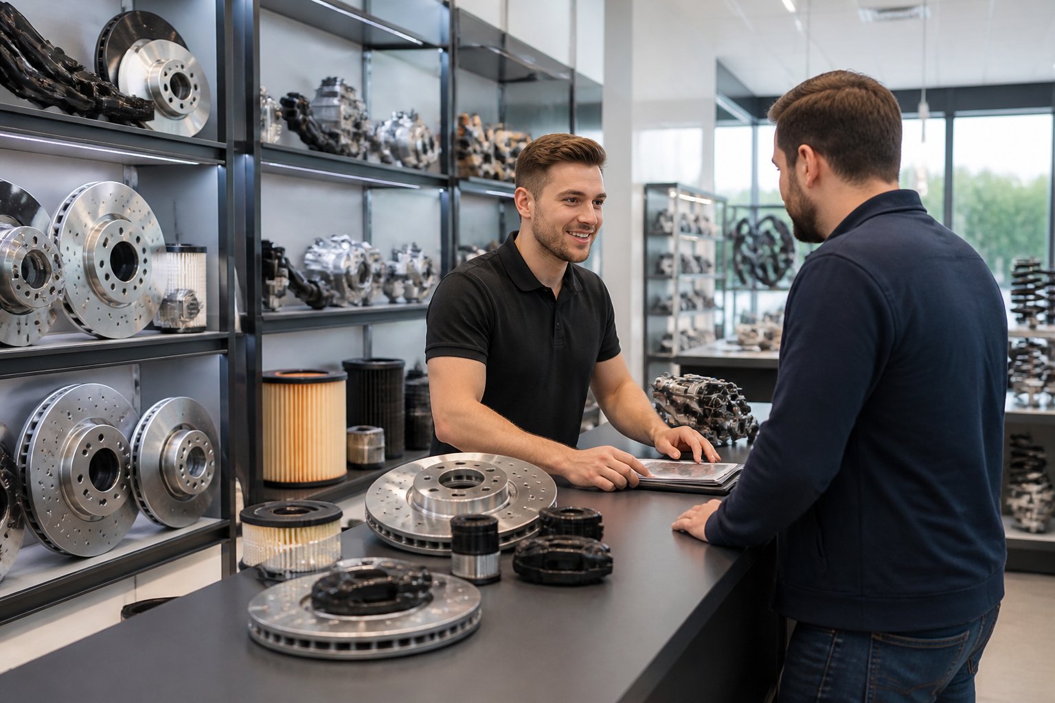Een medewerker helpt een klant in een overzichtelijke winkel met BMW- en Mercedes-onderdelen, met netjes uitgestalde auto-onderdelen op de achtergrond.