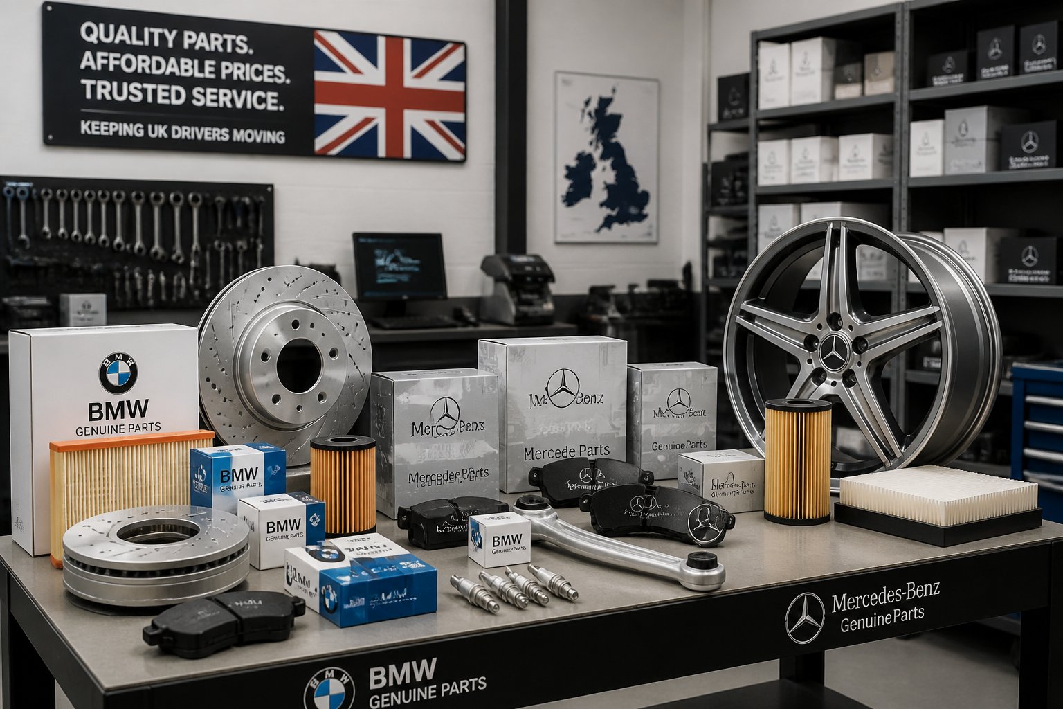 A clean automotive workshop with shelves displaying BMW and Mercedes Benz car parts and tools in the UK.