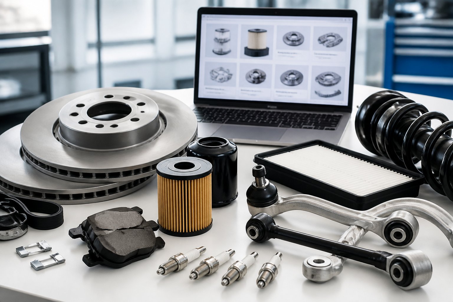A workspace with various BMW car parts arranged neatly on a white surface and a laptop showing an online car parts store in the background.