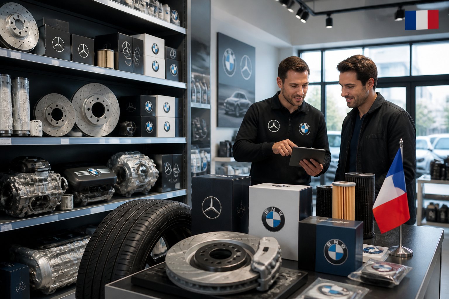 Un magasin de pièces automobiles bien organisé avec des pièces BMW et Mercedes-Benz, un vendeur aidant un client dans un environnement propre et lumineux en France.