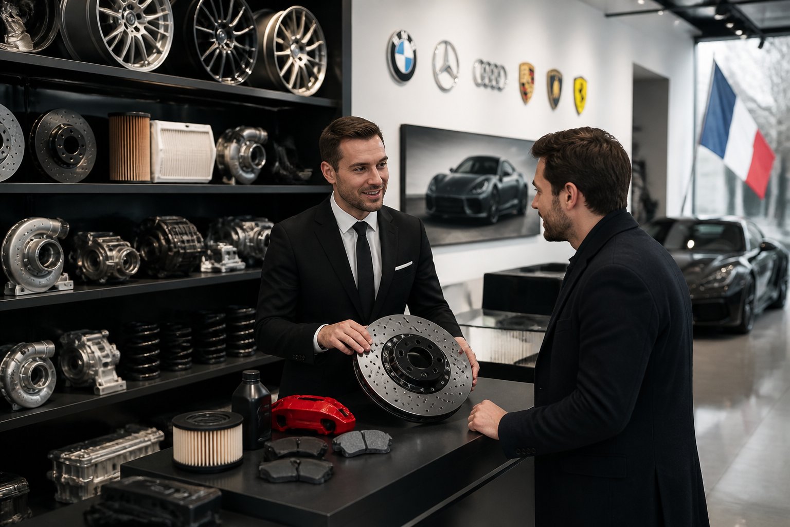 Intérieur d'un magasin de pièces automobiles avec des étagères bien organisées et un vendeur aidant un client.