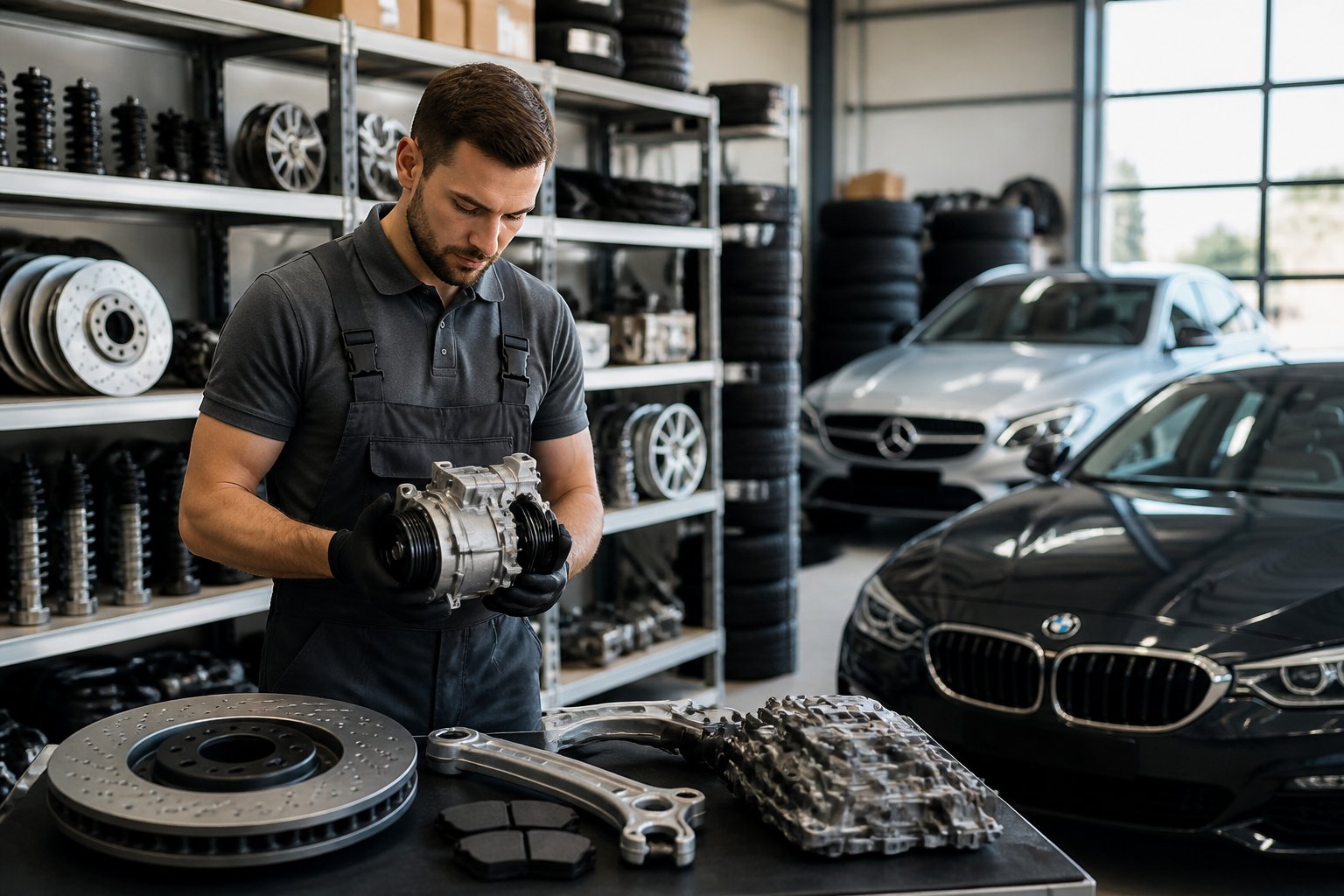 Un atelier automobile moderne avec des pièces de voiture BMW et Mercedes-Benz bien rangées, un technicien examinant une pièce de voiture, et des véhicules de luxe en arrière-plan.