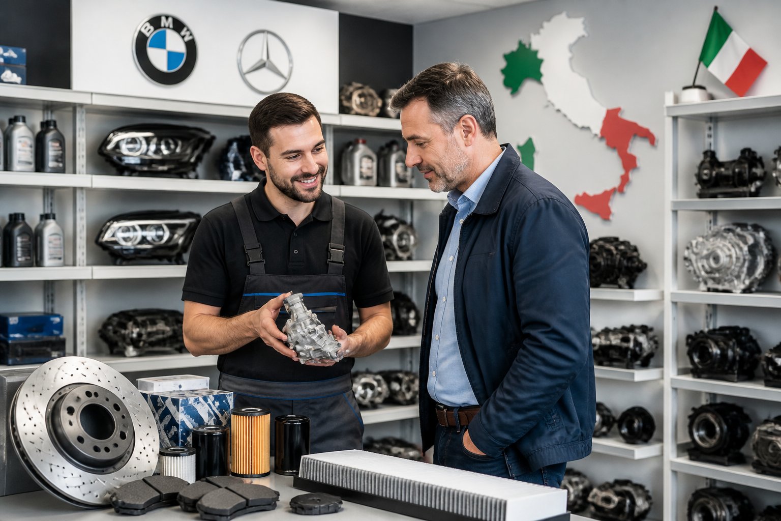 Interno di un negozio di ricambi auto con scaffali pieni di pezzi per BMW e Mercedes, un commesso che aiuta un cliente.