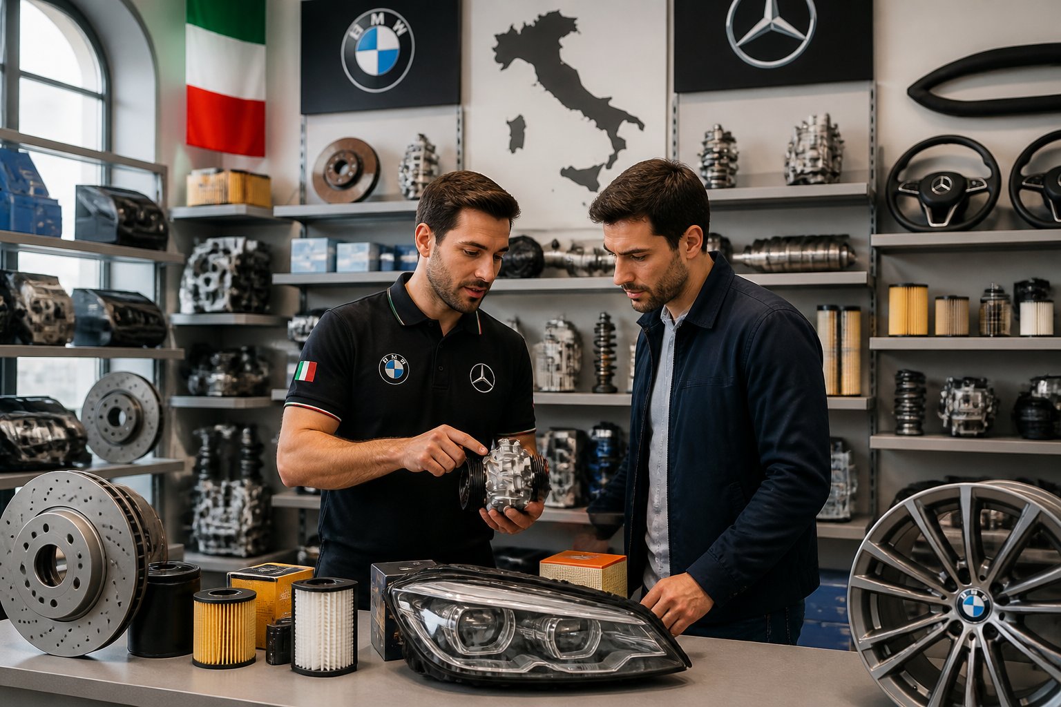 Interno di un negozio di ricambi auto con scaffali pieni di pezzi per BMW e Mercedes, un addetto aiuta un cliente a scegliere un componente.