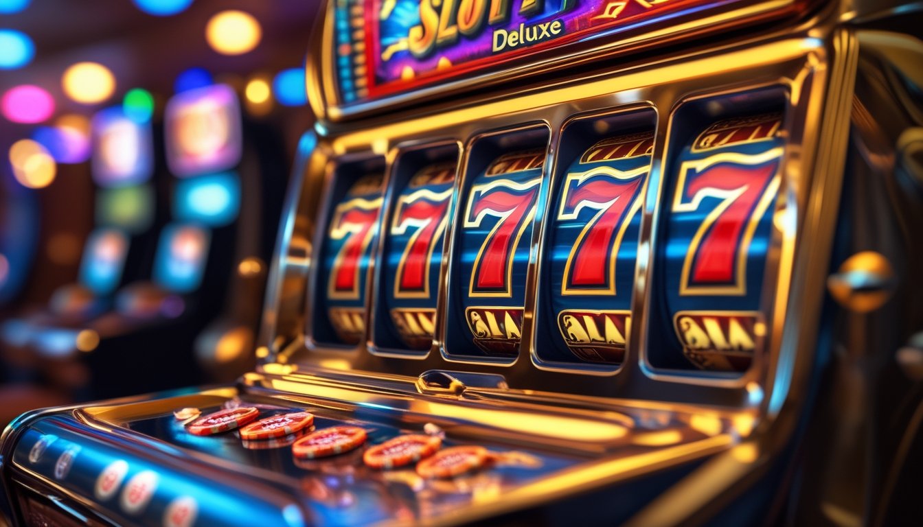 Mesin slot klasik dengan angka 777 yang menyala di kasino mewah dengan suasana penuh semangat dan peluang kemenangan besar.