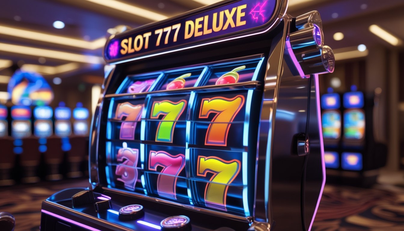 Mesin slot online modern dengan simbol tujuh, ceri, dan lonceng yang menyala di latar kasino mewah.