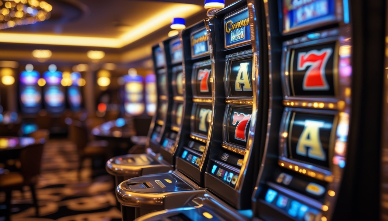 Mesin slot digital dengan simbol warna-warni di latar belakang suasana kasino mewah.