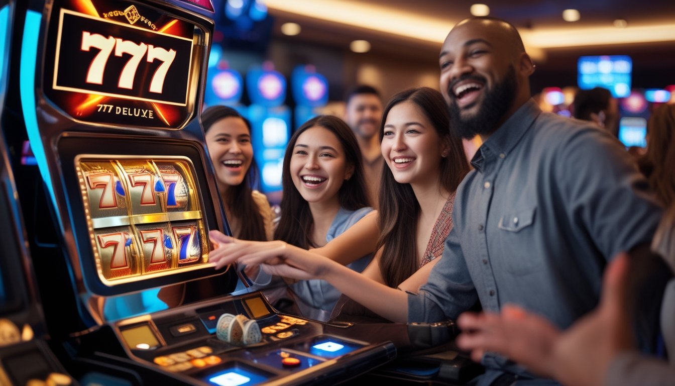 Orang-orang bermain mesin slot dengan angka 777 di kasino yang terang dan ramai.