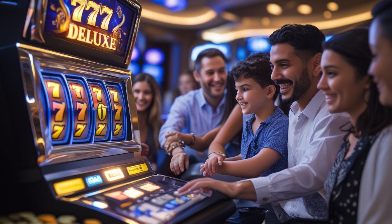 Orang-orang bermain mesin slot 777 Deluxe di kasino dengan suasana ceria dan penuh semangat.