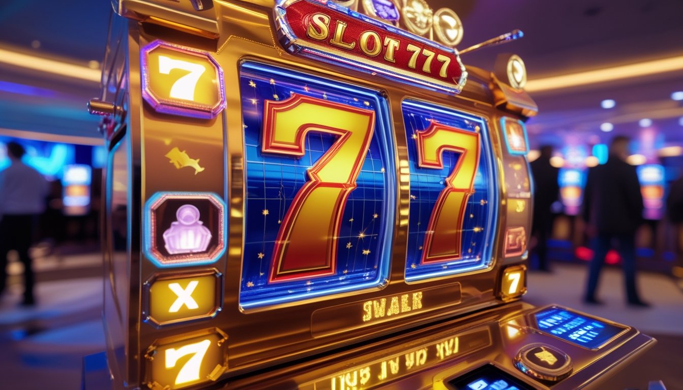 Mesin slot 777 deluxe berwarna cerah dengan simbol bonus dan scatter yang bersinar di dalam kasino modern.