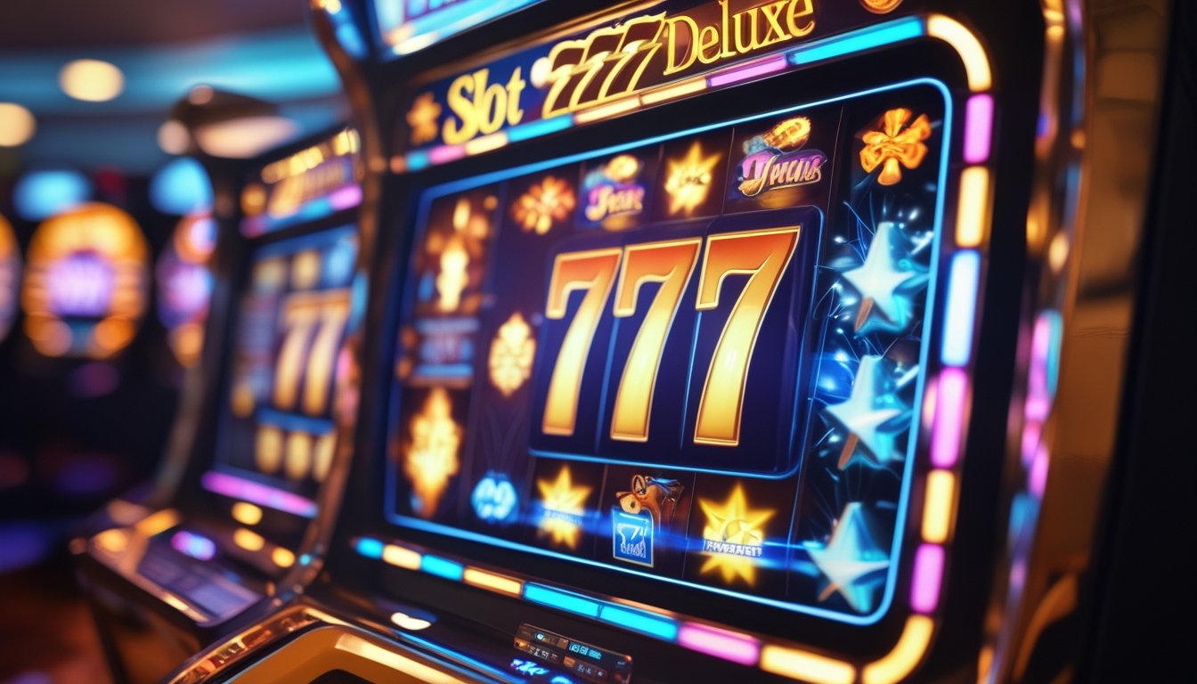 Mesin slot 777 yang berwarna-warni dengan simbol bonus dan scatter yang menyala di latar kasino.