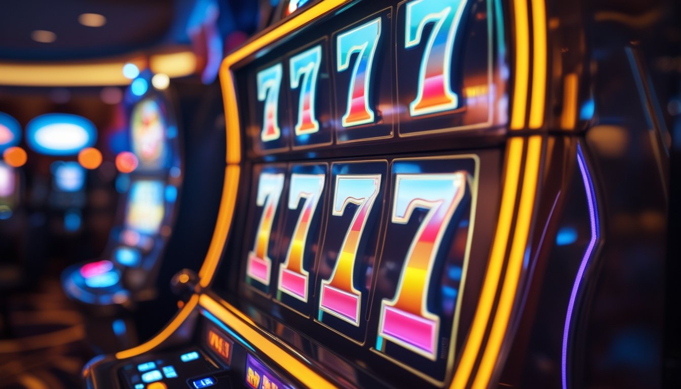 Layar mesin slot menampilkan kombinasi angka 777 yang menunjukkan kemenangan jackpot di dalam kasino.