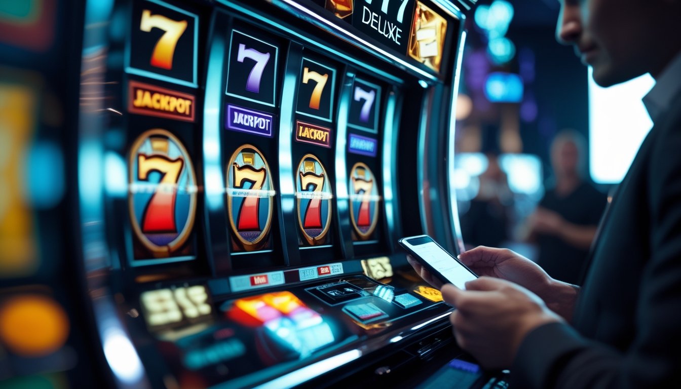 Seorang pemain sedang memperhatikan mesin slot 777 Deluxe dengan simbol warna-warni yang berputar di kasino.