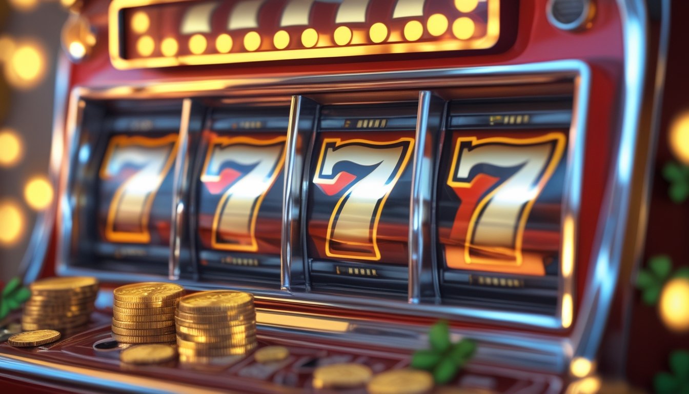 Mesin slot klasik dengan angka 777 yang menunjukkan kemenangan, dikelilingi oleh koin emas dan daun semanggi.