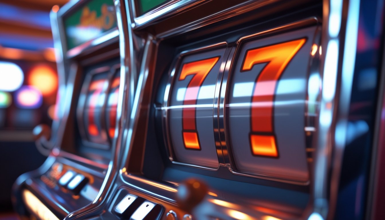 Mesin slot klasik dengan tiga angka tujuh merah menyala di kasino.