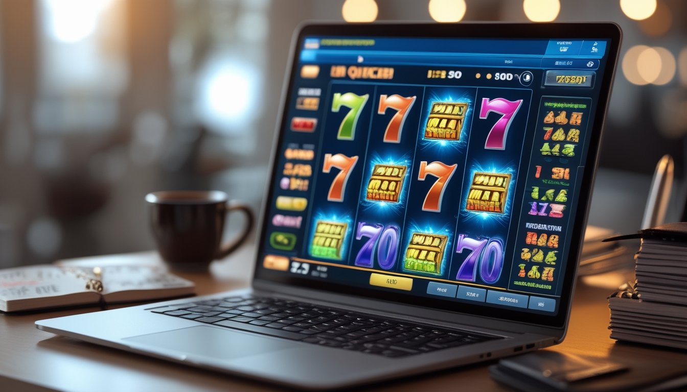 Seorang pemain duduk di depan komputer dengan layar menampilkan permainan slot online dengan angka 777, di meja terdapat buku catatan dan cangkir kopi.