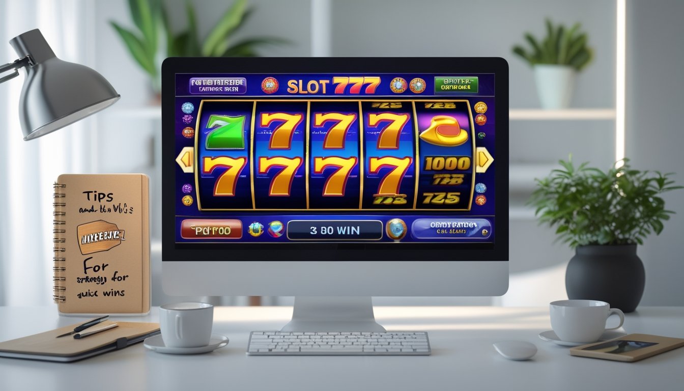 Sebuah komputer desktop menampilkan permainan slot online dengan angka 777 di layar, dikelilingi oleh buku catatan, pena, dan secangkir kopi di meja kerja yang rapi.