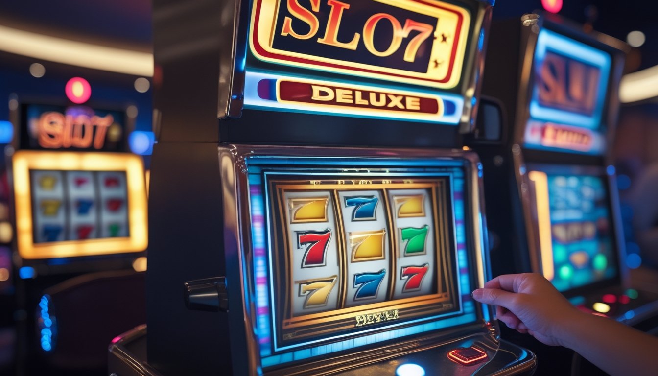 Mesin slot klasik dengan simbol buah dan angka tujuh yang berwarna cerah di dalam kasino.
