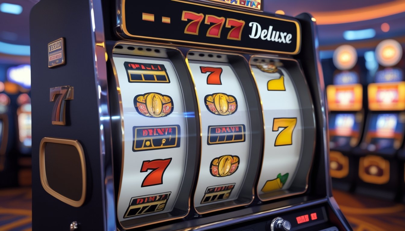 Mesin slot klasik dengan simbol tujuh dan ceri di kasino yang terang dan bersih.