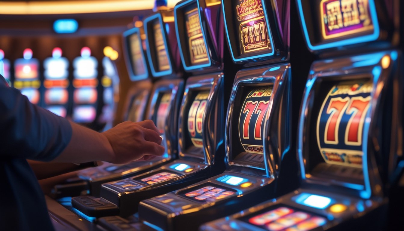 Seorang pemain sedang bersiap menekan tombol pada mesin slot dengan angka 777 di kasino yang terang dan ramai.