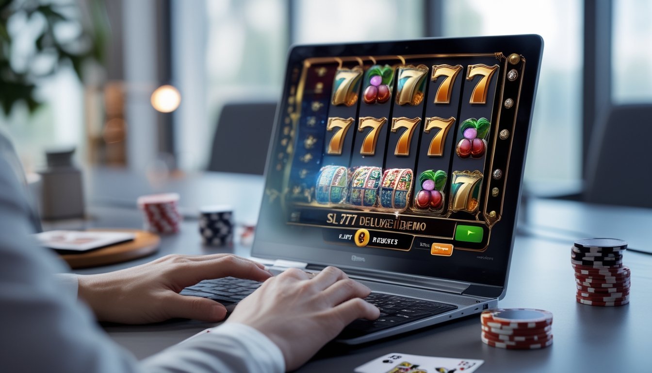 Seorang pengguna sedang bermain demo slot 777 deluxe di komputer dengan suasana ruang kerja yang rapi dan pencahayaan yang baik.