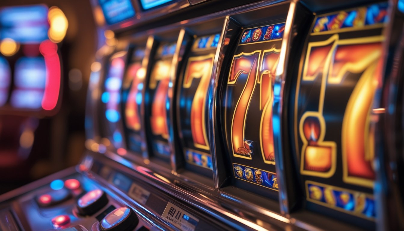 Mesin slot di kasino dengan angka 777 yang sedang berputar dan suasana kasino di latar belakang.
