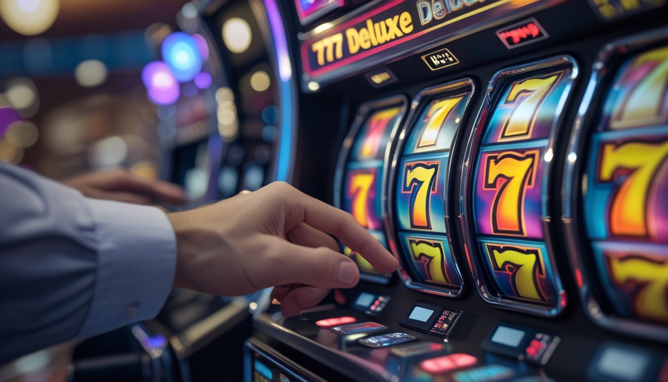 Tangan seseorang sedang memainkan mesin slot 777 Deluxe dengan gulungan berputar dan latar belakang kasino yang samar.