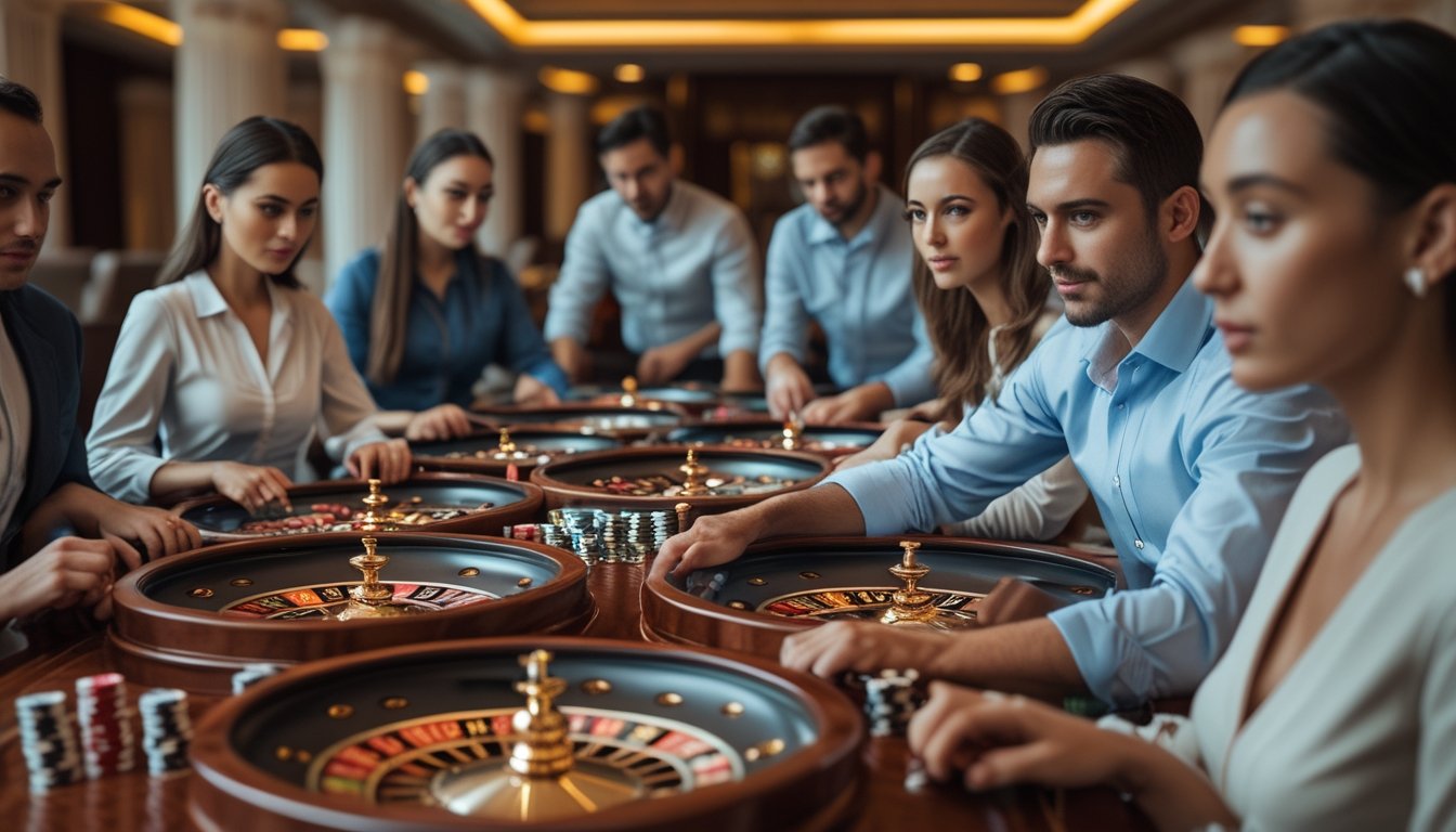 Beberapa roda roulette di meja kasino dengan pemain yang fokus mengamati permainan.
