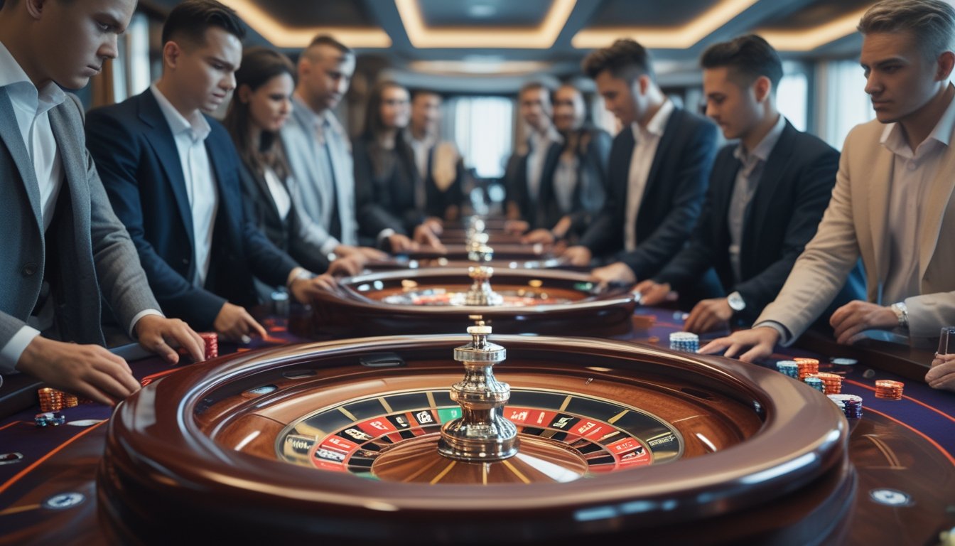 Beberapa roda roulette berjejer di meja kasino dengan pemain yang sedang memasang taruhan dan mengamati roda berputar.