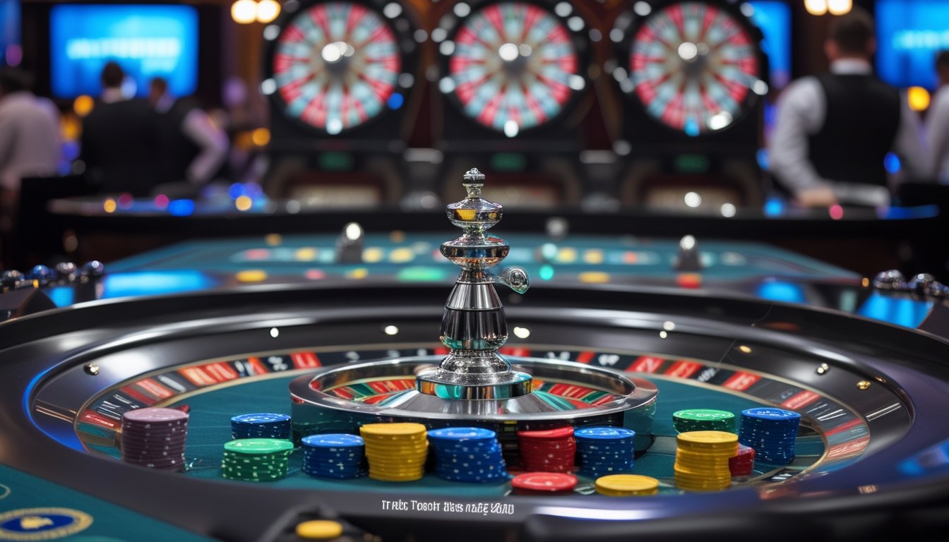 Pemandangan meja kasino dengan beberapa roda roulette yang berputar berdampingan dan satu roda roulette klasik di latar belakang.