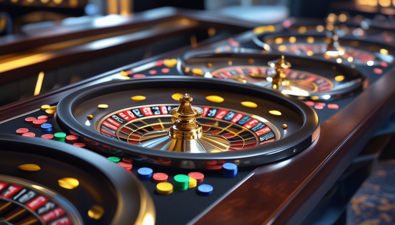 Beberapa roda roulette berputar di atas meja kasino dengan chip warna-warni di sekitarnya.