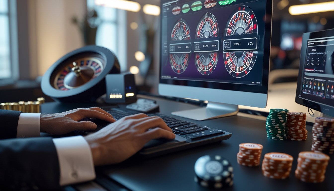 Seorang pemain sedang bermain Multi-Wheel Roulette di komputer dengan beberapa roda roulette yang berputar dan tumpukan chip kasino di meja.