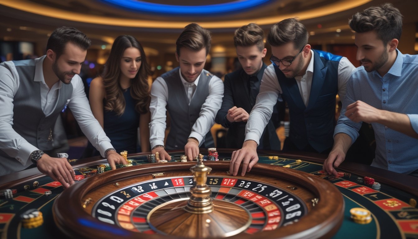 Beberapa pemain sedang bermain multi-wheel roulette di meja kasino dengan beberapa roda roulette yang berputar.