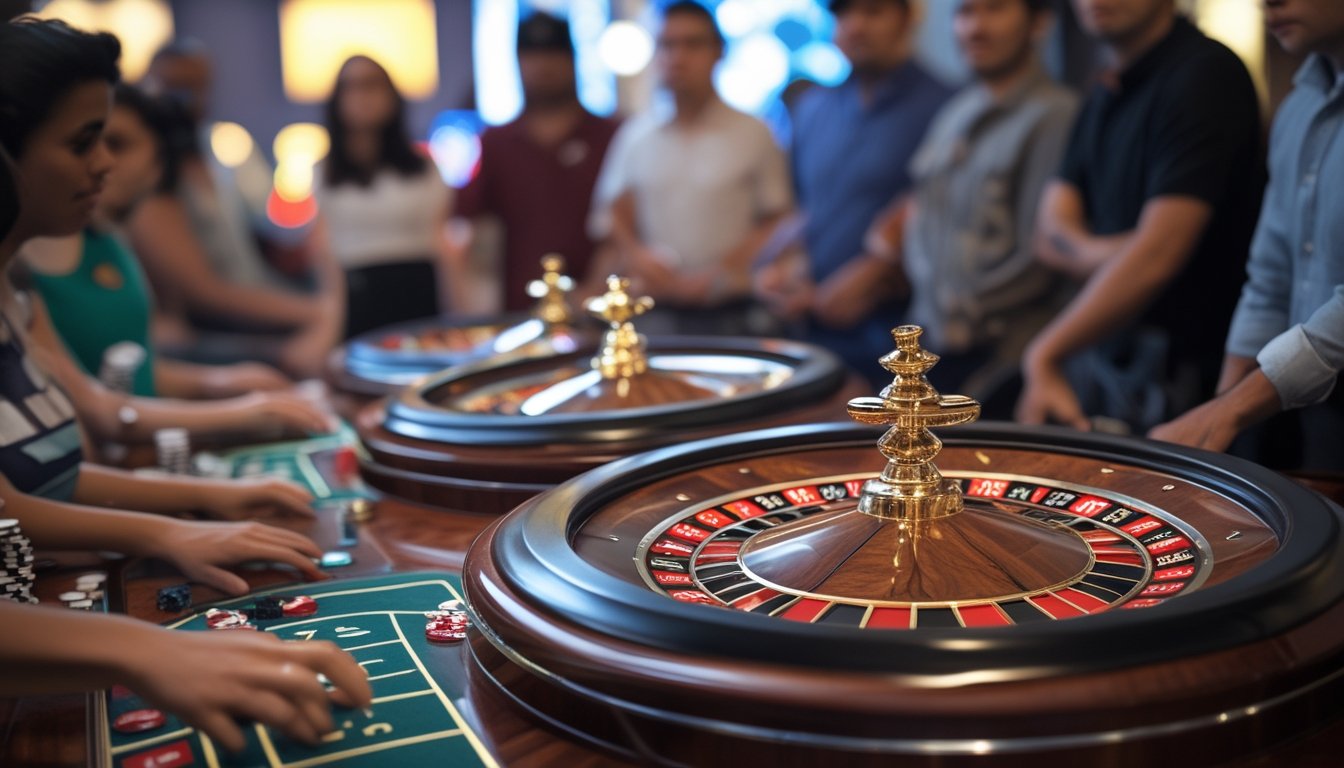 Beberapa roda roulette berputar di atas meja kasino dengan pemain yang memperhatikan dengan antusias.