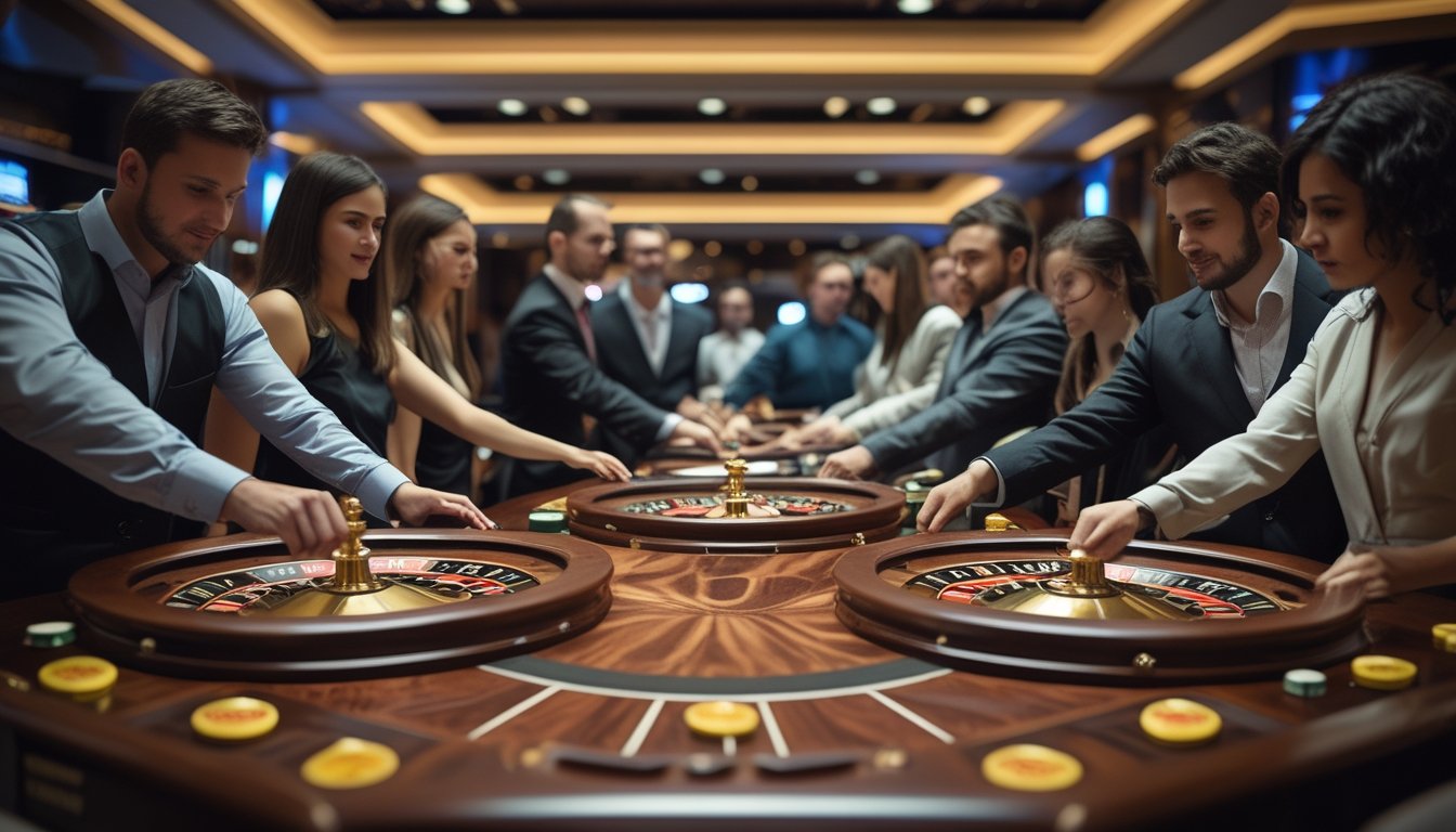 Beberapa roda roulette berputar di meja kasino dengan pemain yang sedang memasang taruhan.