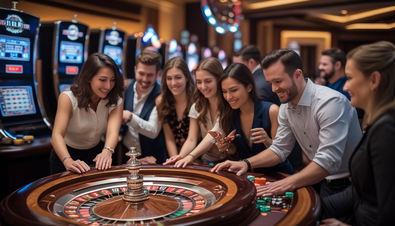 Beberapa pemain berkumpul di meja kasino dengan beberapa roda roulette yang berputar secara bersamaan.