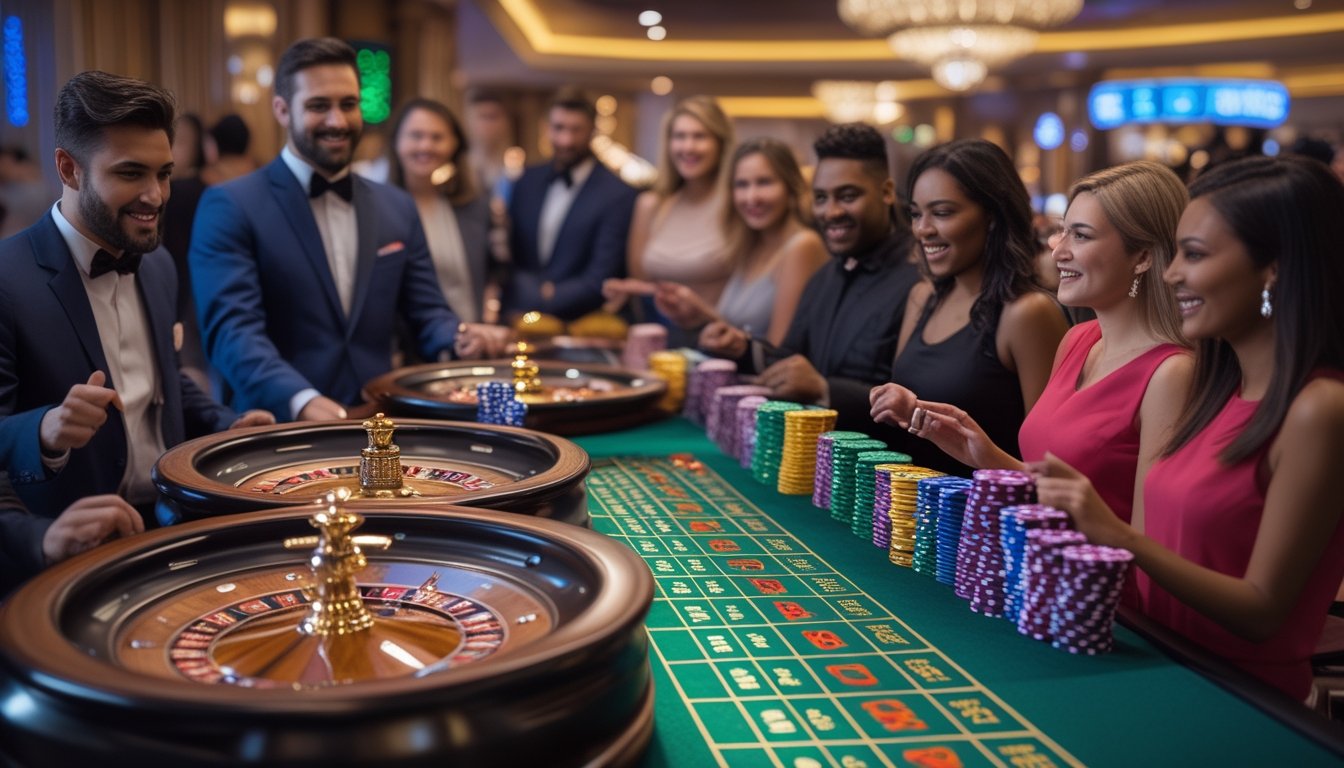Beberapa pemain sedang bermain roulette dengan beberapa roda di meja kasino yang mewah.