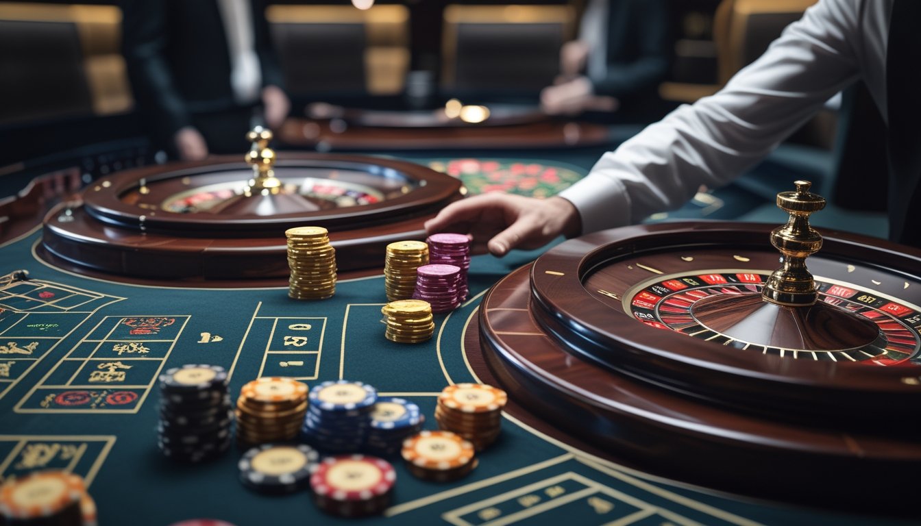 Seorang pemain profesional sedang memasang taruhan di meja Multi-Wheel Roulette dengan beberapa roda roulette berputar di kasino.