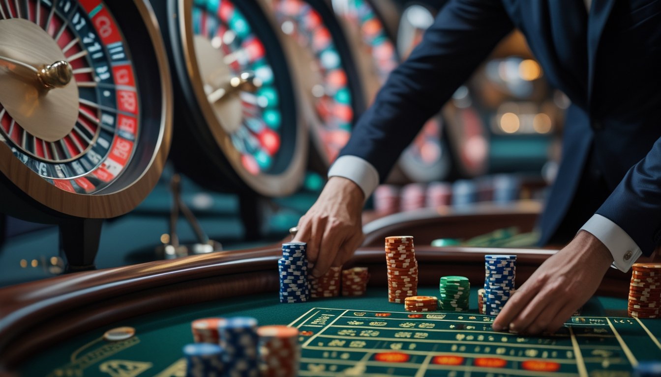 Seorang pemain profesional sedang memasang taruhan di meja roulette dengan beberapa roda roulette yang berputar secara bersamaan di kasino.
