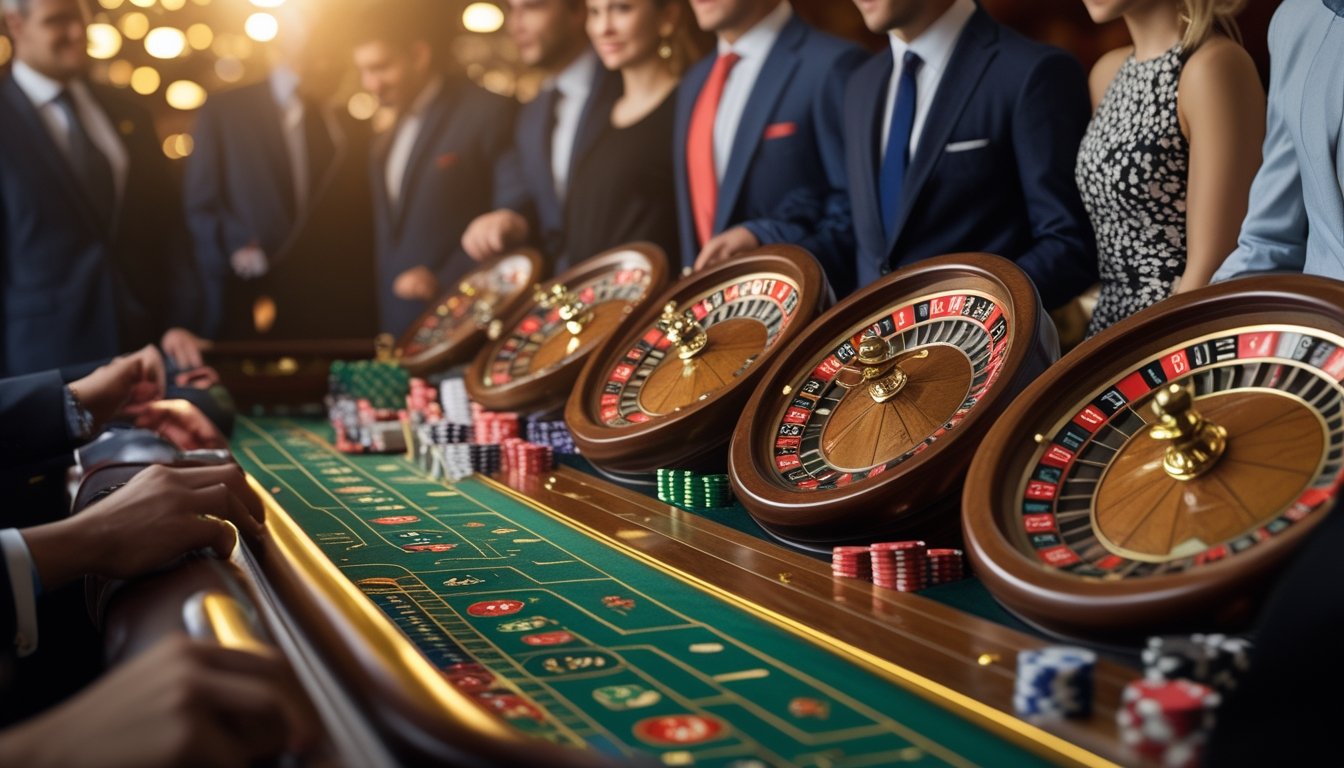 Beberapa roda roulette yang berputar di meja kasino dengan pemain yang memperhatikan dengan serius.