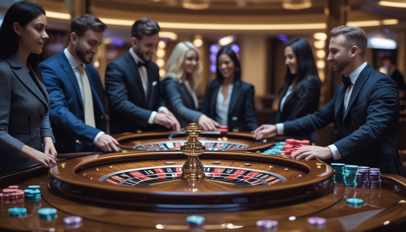 Beberapa roda roulette berjejer di meja kasino dengan pemain yang fokus bermain dan seorang dealer mengatur permainan.