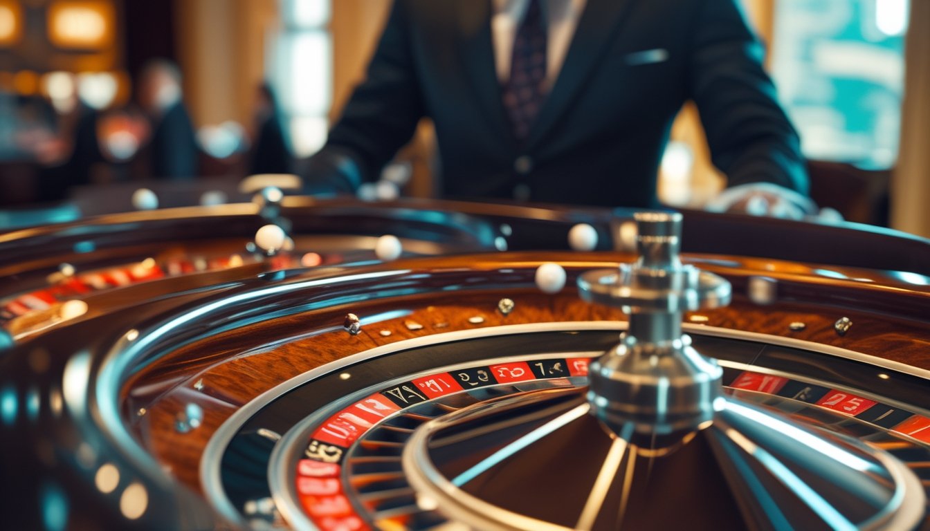 Meja roulette multi-wheel dengan beberapa roda roulette berjejer di kasino, seorang dealer berpakaian rapi terlihat di latar belakang.