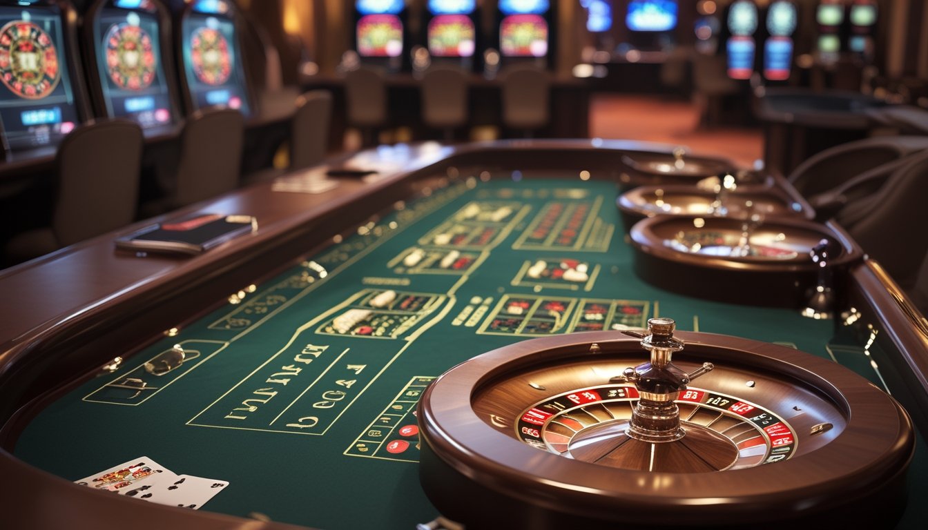 Meja roulette multi-wheel dengan beberapa roda roulette berwarna merah, hitam, dan hijau di sebuah kasino yang mewah.