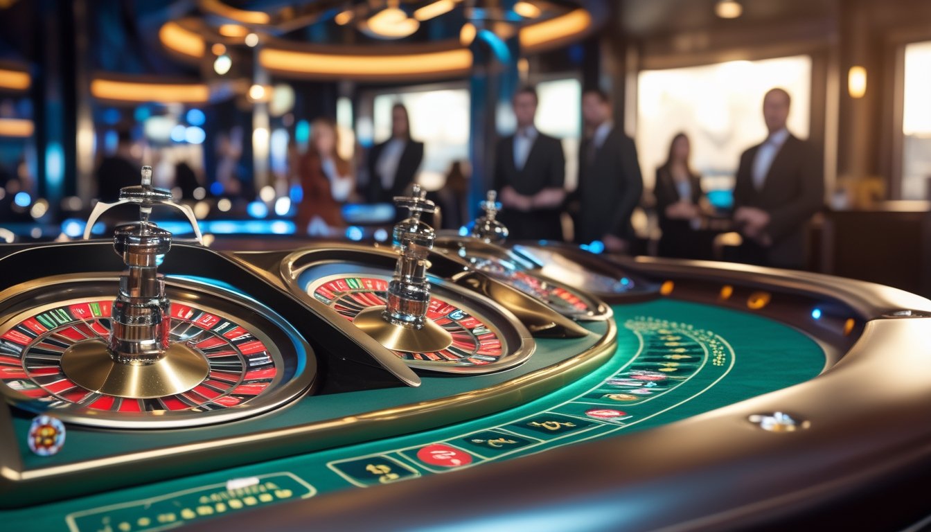 Beberapa roda roulette berputar di meja kasino dengan pemain dan dealer di latar belakang, menunjukkan suasana permainan kasino langsung.