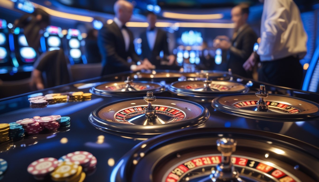 Beberapa roda roulette yang berputar bersamaan di meja kasino dengan pemain dan dealer di latar belakang.
